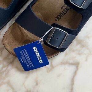 Birkenstock Arizona Two-Strap Sandal in Navy Blue with Silver Buckles